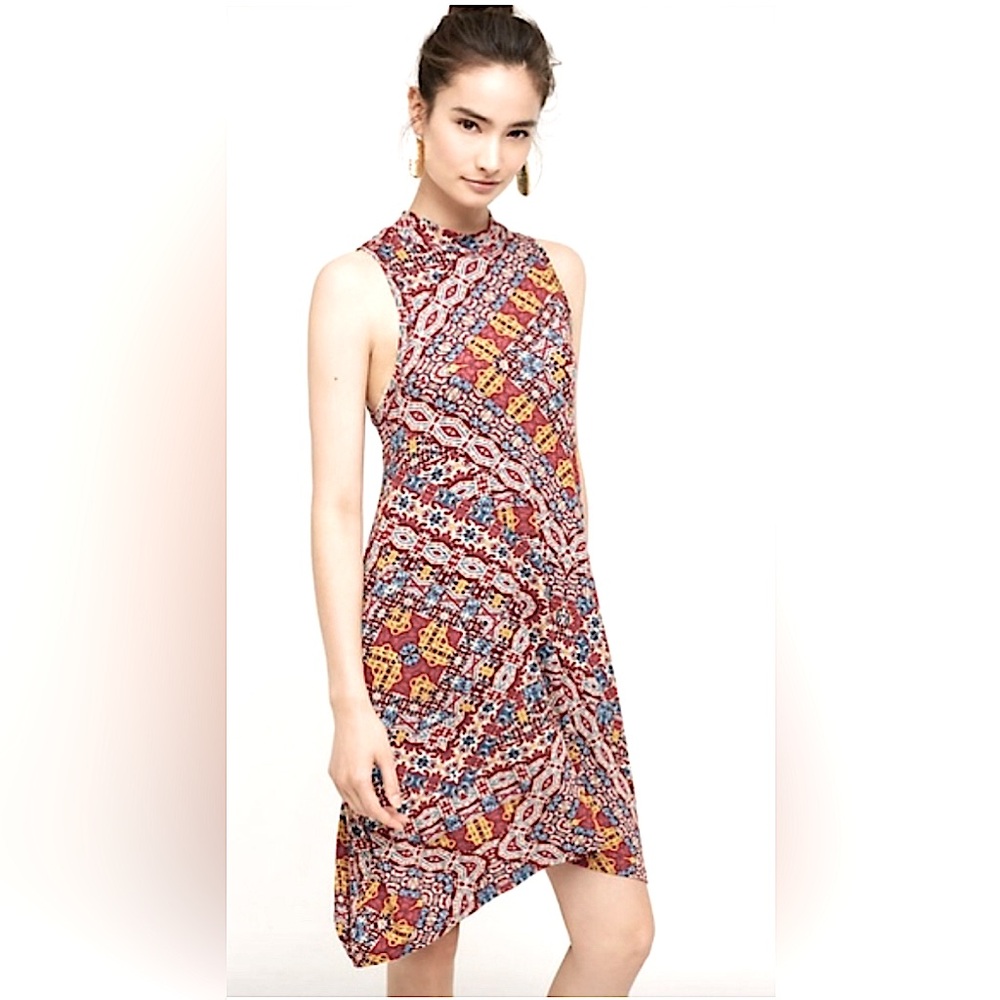 MAEVE ANTHROPOLOGIE Orange Red Sheath Midi Dress Mock Neck Sleeveless 🩷❤️🧡